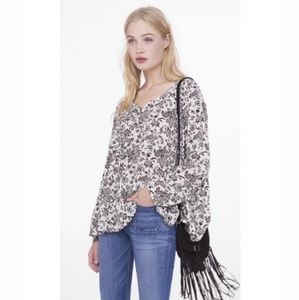 Black and White Floral Lace Up Boho Blouse